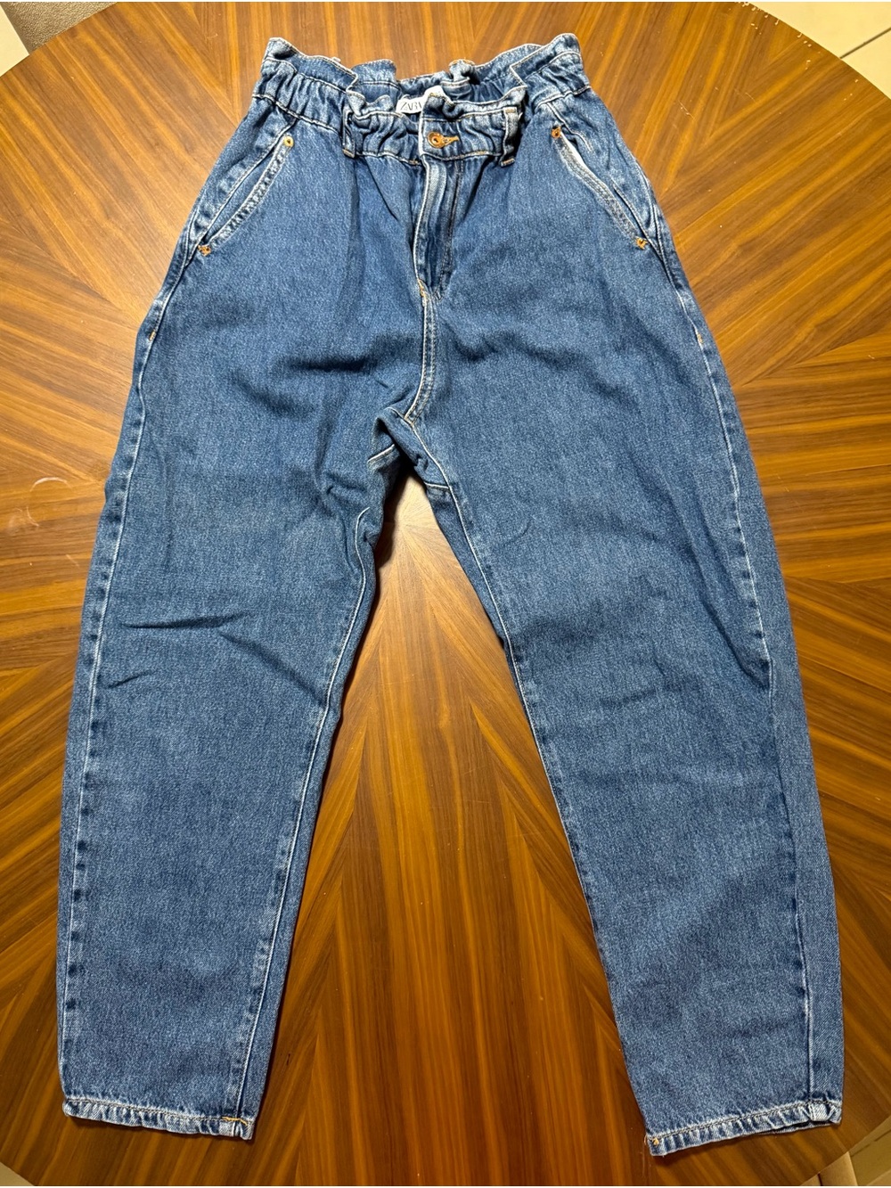 Zara Relaxed Denim Jeans in Mid Blue with Paperbag Waist